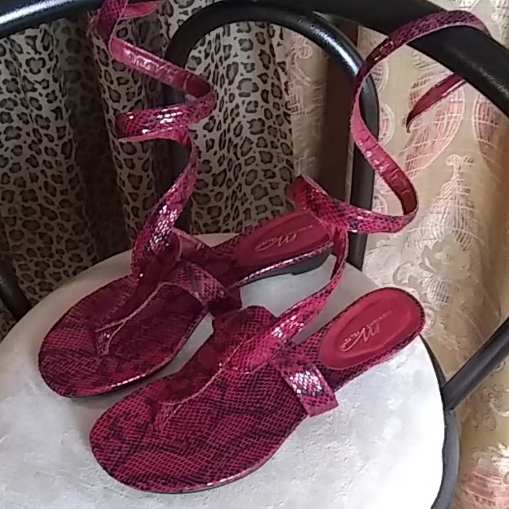 SANDALS, RED SNAKE PRINT, ANKLE/LOWER LEG WRAP 10W